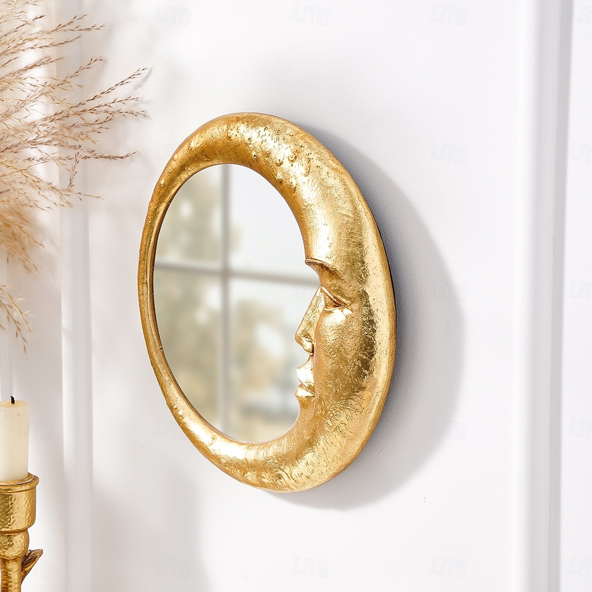 Espejo de pared con cara de luna de resina dorada, espejo colgante artístico redondo para decoración de pared de fondo del hogar, espejo de maquillaje creativo para tocador, decoración de pared y 2025 - $18.99 –P7