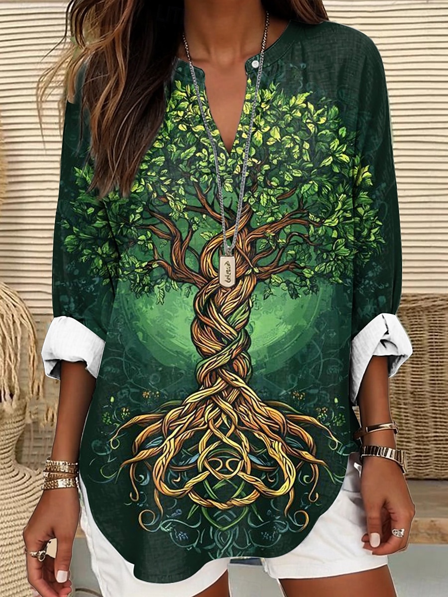 Dame Bluse Blomstret Grafisk Blad Elegant Stilfull Langermet V-hals Vanlige topper Daglig Ferie Trykt mønster Blå Dusty Blue Lys Lilla Lilla Oransje Sommer Vår 2025 - $24.99 –P3
