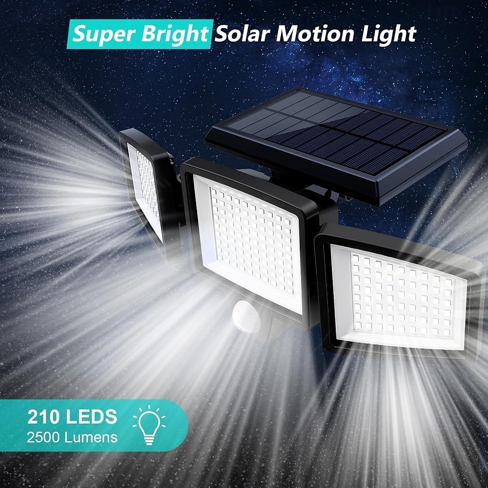 Zonne-buitenverlichting 2500lm 210 led-beveiligingsverlichting met afstandsbediening 3-kops bewegingssensorlampen IP65 waterdicht 270 groothoek wandlampen met 3 standen voor garage, tuin, veranda 2025 - $35.99 –P3