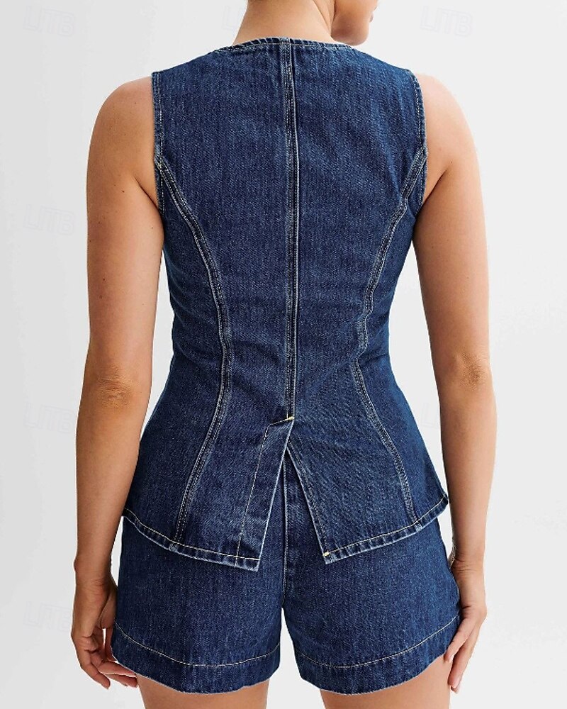 Women's Active Fashion Blouse Shorts Sets Sleeveless Crew Neck Solid Color Split Thigh Vacation Casual Daily Blue Summer Regular Fit 2025 - $48.99 –P10