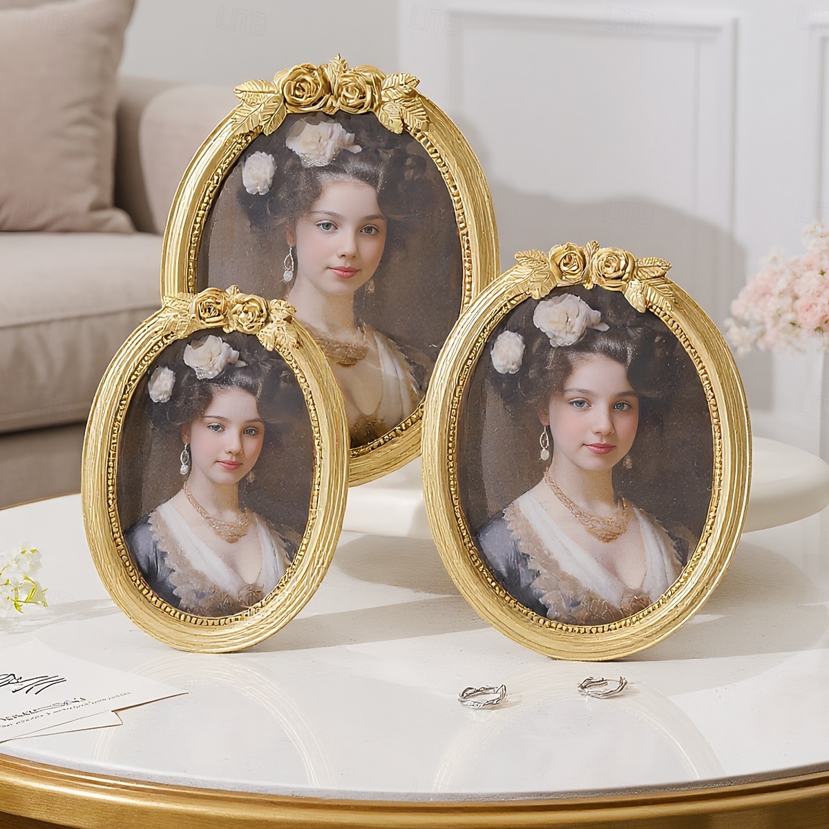 Gold 3D Rose Oval Decorative Photo Frame, European Style Elegant Gold Tabletop Frame, Warm Home Decor for Photo Display and Photography Props 2025 - $13.99 –P1