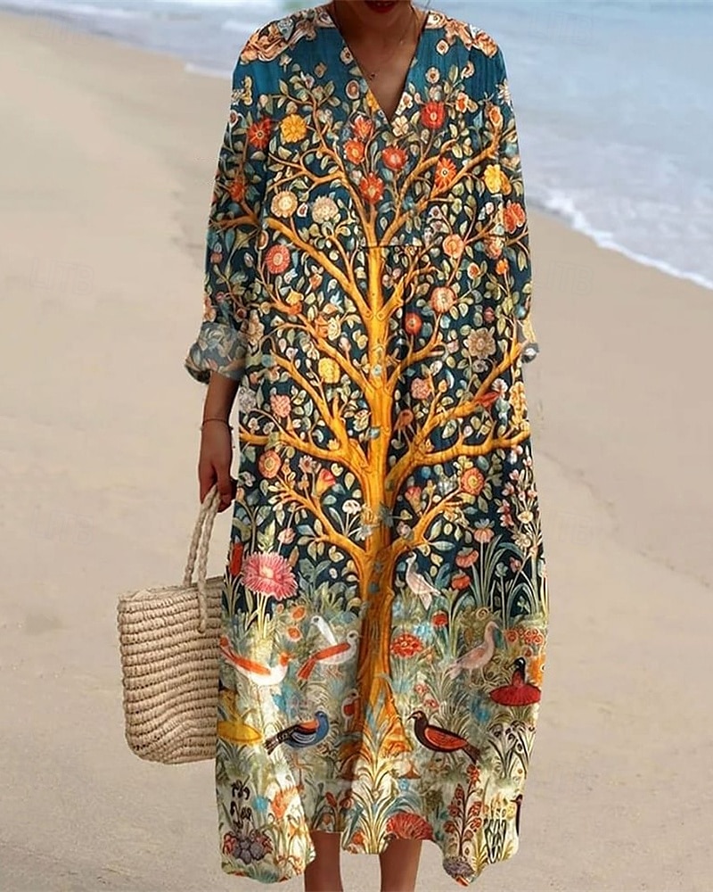 Femmes Robe Midi Robe Décontractée Robe Imprimée Mode Moderne Quotidien Plage Week-end Coupe régulière Arbre manche longue Col en V Jaune Bleu Orange Bleu de minuit Printemps Automne de 2025 ? $11.99 –P1