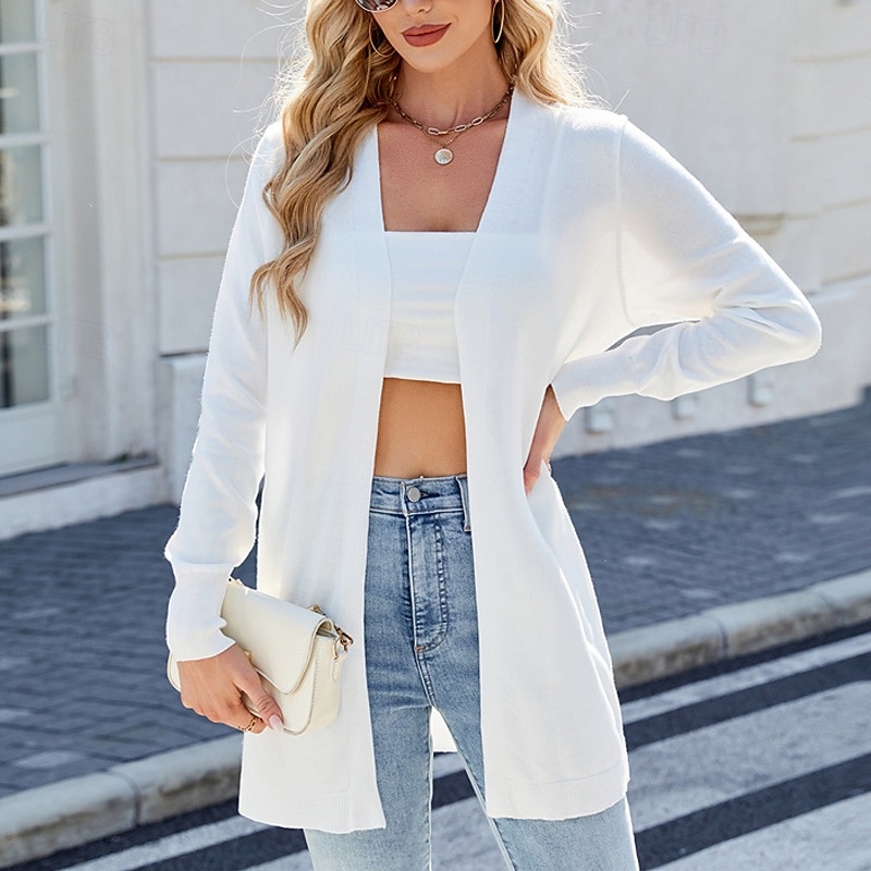 Femmes Pull Cardigan Mode Streetwear Quotidien Rayé Côtelé Ouvert devant Tricoté manche longue Hauts Longs Tricoter Fête Sortir Week-end Blanc / Noir Noir Automne Hiver de 2025 ? $28.99 –P4