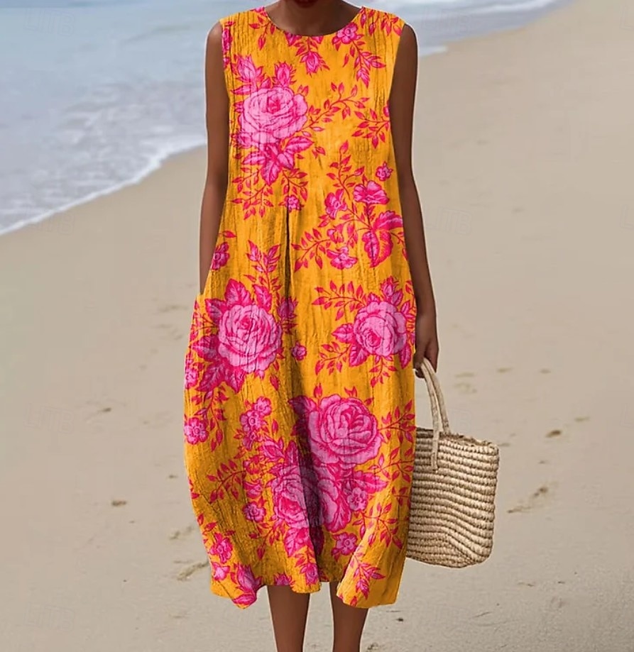 Damen Midi Kleid Leinenähnliches Sommerkleid Shift Kleid A-Linien Kleid Urlaub Freizeit Boho Party Ausgehen Strand Lockerer Schnitt Floral Grafisch Ärmellos Rundhalsausschnitt Hellgelb Tiefgrün Grau 2026 - $39.99 –P7