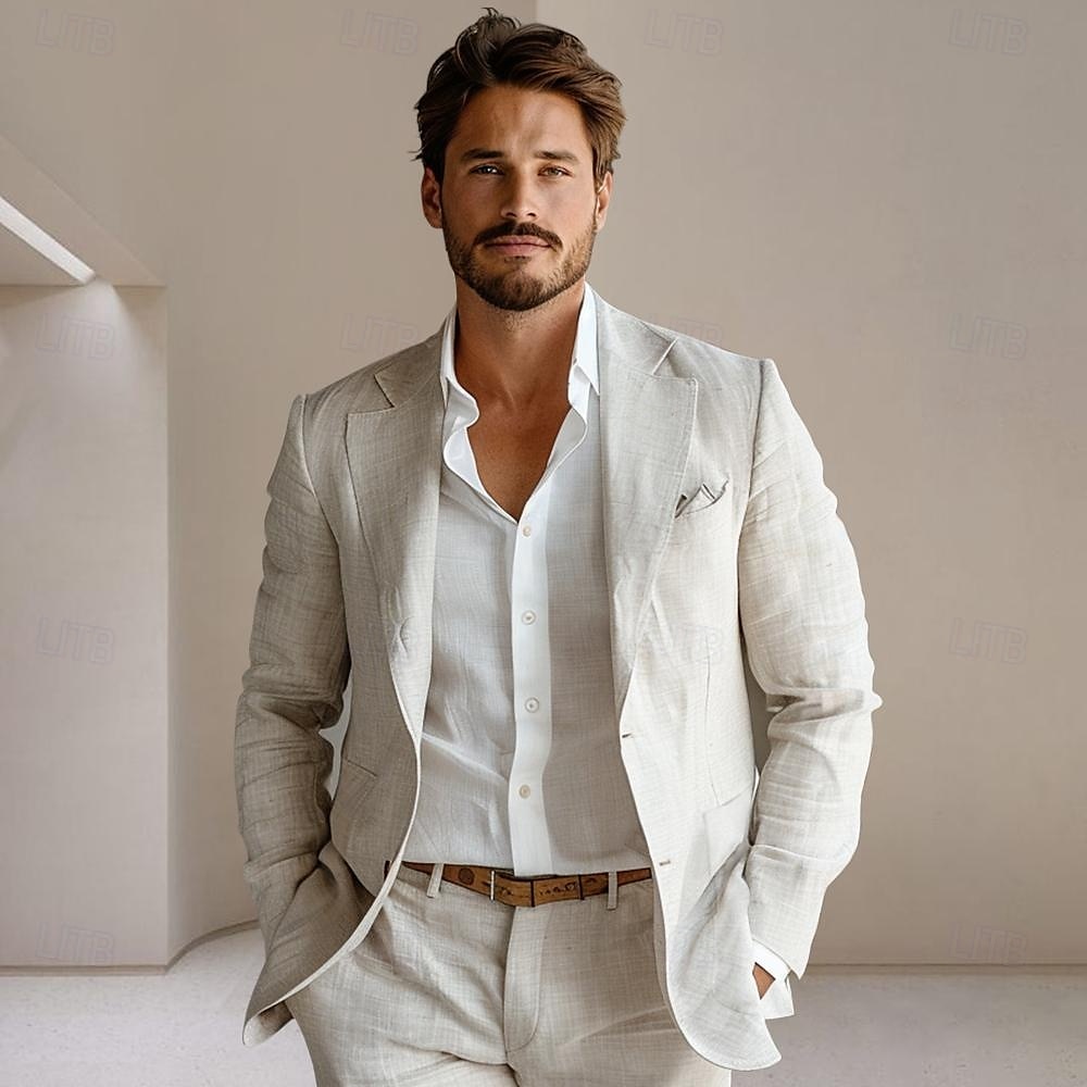 Herr Kavajjacka Bröllop Årsdag Fest Sommar Vår Linne Ensfärgat Enkelknäppt med Ett Knapphål Blazer Mörkgrå Svart Marinblå Blå 2025 - $46.99 –P1