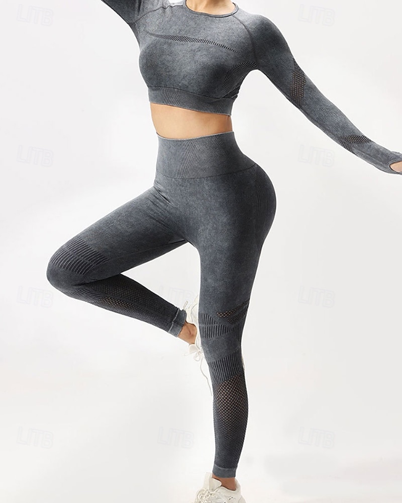 Damen 2 Stück Yoga-Trainingsanzug Lounge-Outfits  Herbst Einfarbig Kombination Armeegrün Schwarz Fitnesstraining Hohe Taille Elastisch Atmungsaktiv Langarm Sport Sportkleidung Schlank 2025 - $37.99 –P2