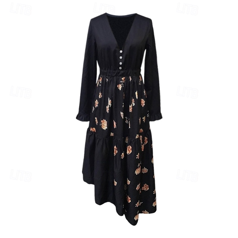 Femmes Robe Midi Robe bohème Robe Imprimée Robe occidentale Mode Extérieur Vacances Week-end Coupe régulière Uni manche longue Col en V Noir Été de 2025 ? $29.99 –P4