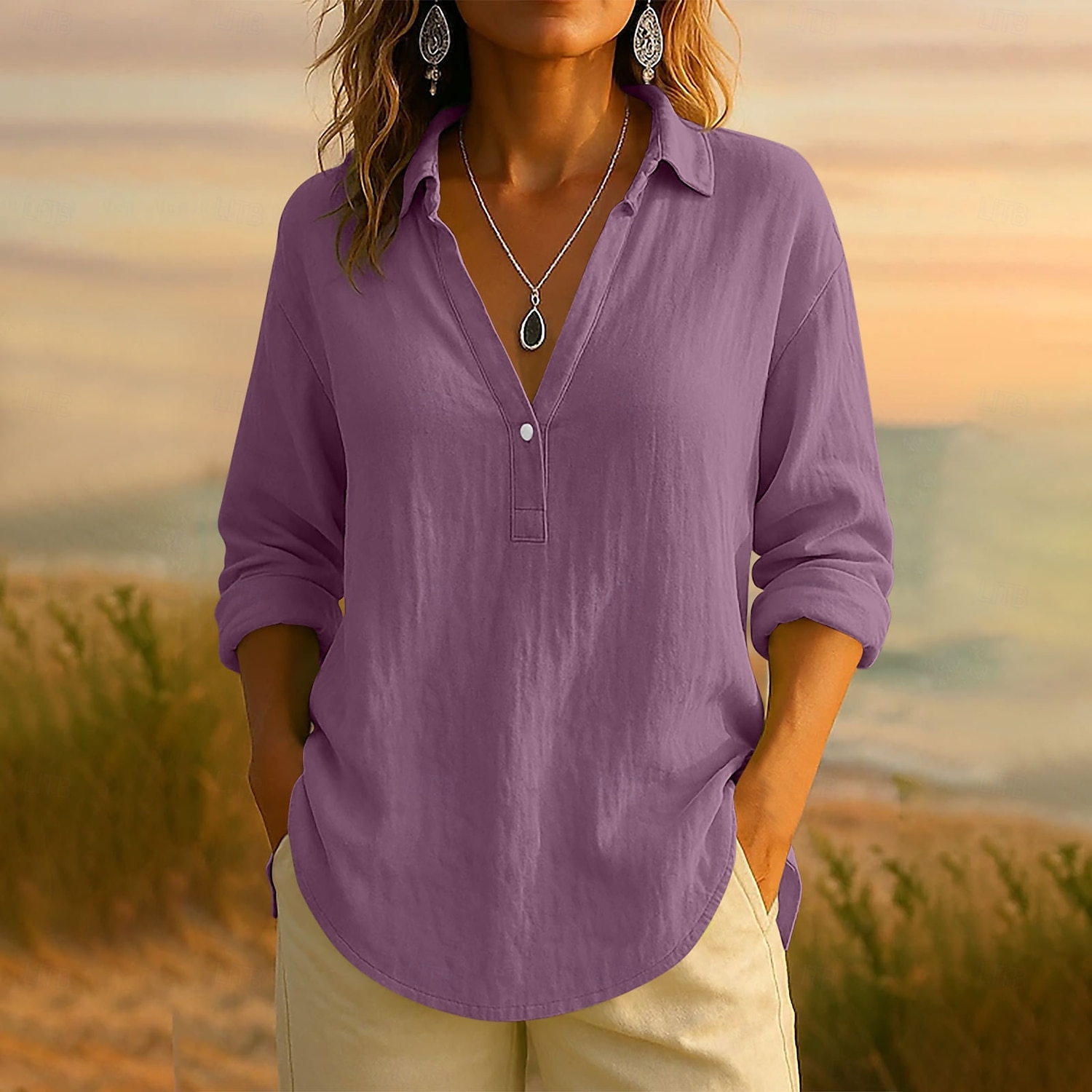 Damen Bluse Einfarbig Elegant Lässig Langarm V Ausschnitt Normale Oberteile Täglich Ferien Knöpfe Schwarz Rosa Blau Purpur Grün Sommer Frühling Herbst 2025 - $25.99 –P2
