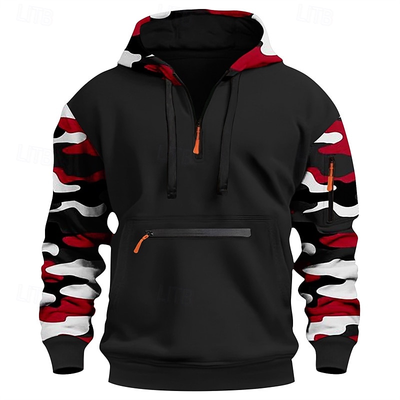 Hombre Sudadera Sudadera con capucha y cremallera de un cuarto Rojo Azul Piscina Naranja Verde Trébol Gris Con Capucha camuflaje Retazos Bolsillo Deporte Diario Festivos Poliéster Ropa de calle 2025 - $26.99 –P5