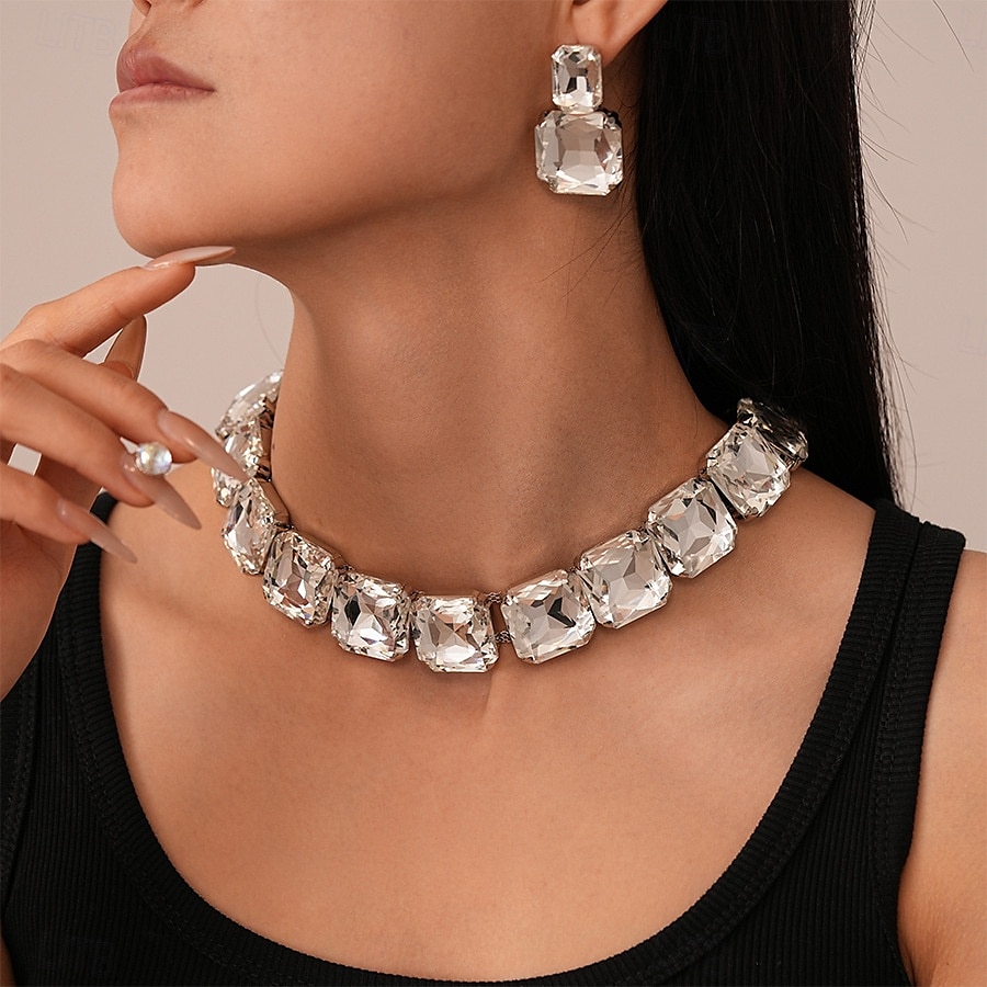 Women's Gold Crystal Jewelry Set - Chunky Rhinestone Choker Necklace and Drop Earrings for Glamorous Party and Evening Wear 2025 - $14.99 –P2