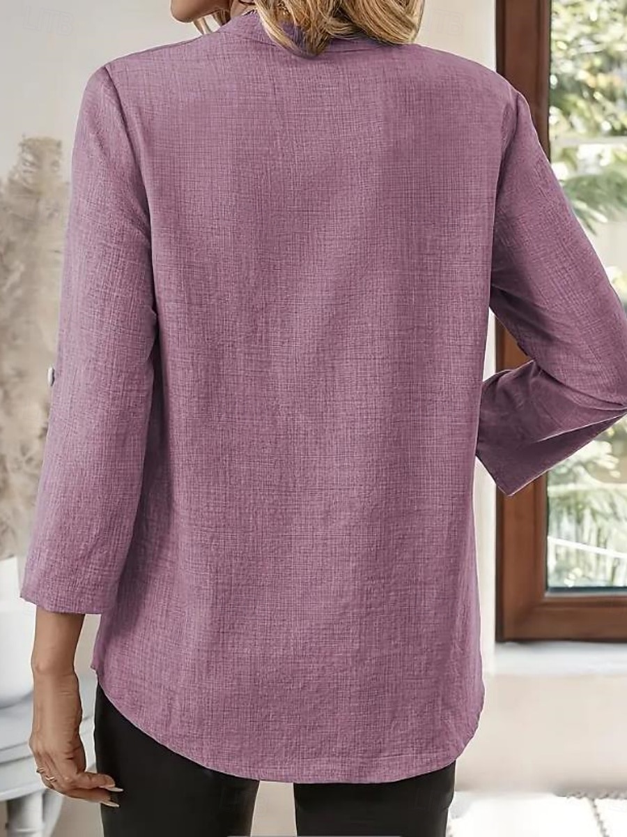 Femmes Chemises en coton et lin Couleur Unie Élégant Occasionnel manche longue Col en V Hauts Réguliers Quotidien Boutons Bleu Violet Vert Kaki Beige Été Printemps de 2025 ? $16.99 –P8