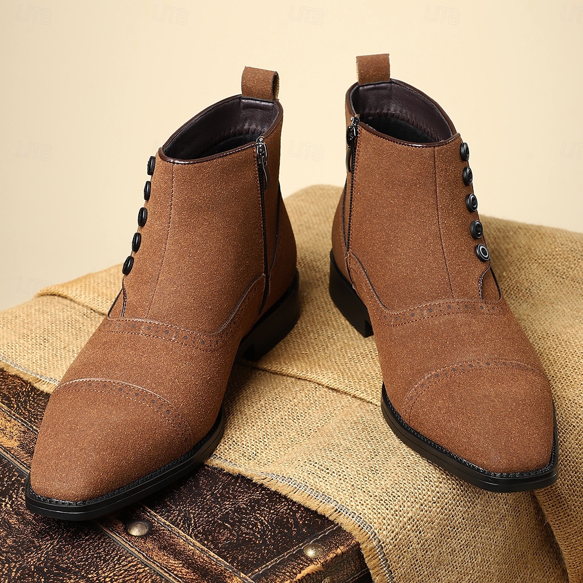 Men's Beige Lace-Up Ankle Boots with Round Toe and Classic Stitching, Vintage Business-Casual Footwear for Office, Urban Walking and Smart Daily Outfits 2025 - $46.99 –P7