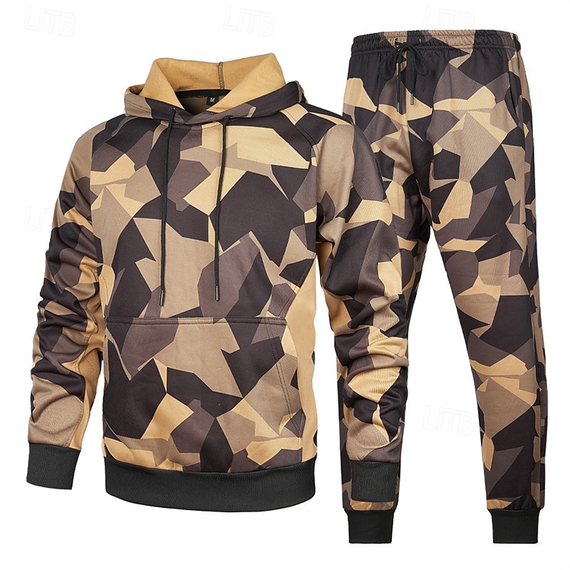Voor heren Trainingspak Kledingset Truien instellen Capuchon Buiten Dagelijks Sport Zak Trekkoord camouflage blauw Khaki Leger Groen Grafische afdruk Polyester Sportkleding Modieus Streetwear Herfst 2025 - $44.99 –P6