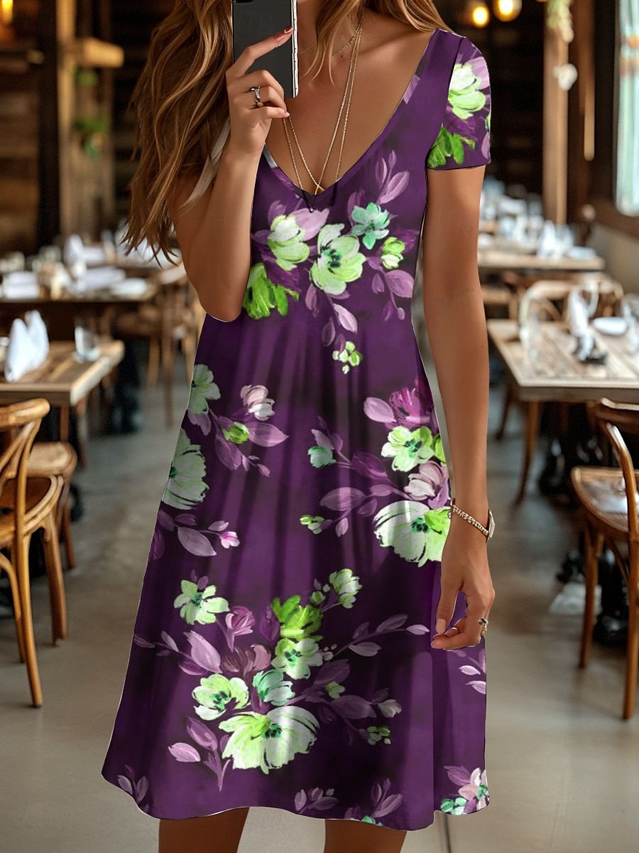 Dam Mini klänning Vardagsklänning T shirtklänning Solklänning A linjeklänning Semester Ledigt Boho Strand Normal Blommig Grafisk Kortärmad V-hals Rubinrött Blå Purpur Brun Sommar Vår 2025 - $23.99 –P5
