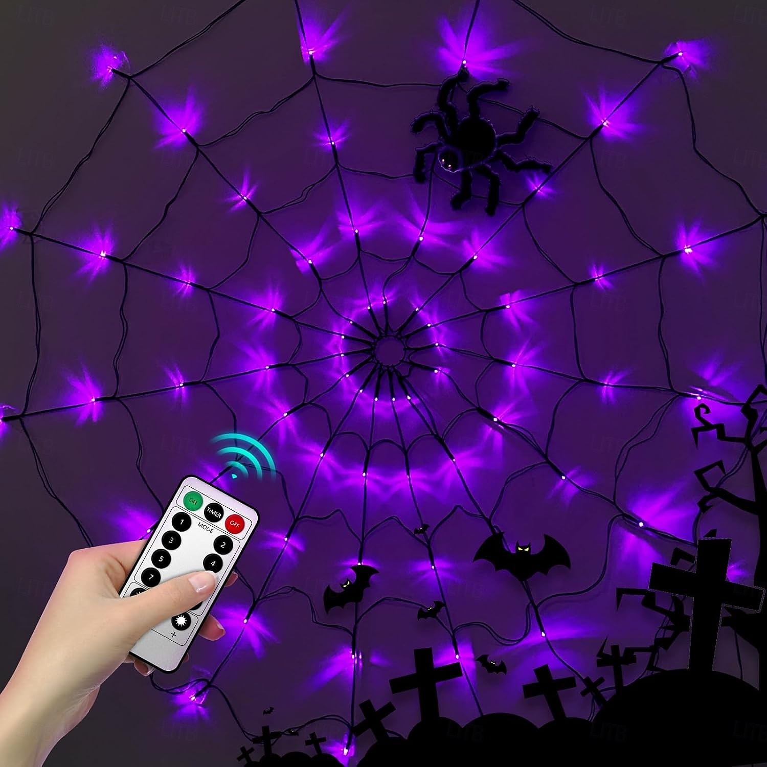 1 τεμάχιο διάμετρος 1m 70 χάντρες led για το Halloween με ιστό αράχνης, ανοιχτό μωβ πορτοκαλί, ζεστό φως, κουτί μπαταρίας usb, τροφοδοτικό, τηλεχειριστήριο, εσωτερικός και εξωτερικός χώρος, πάρτι, 2025 - $20.99 –P4