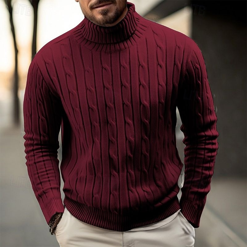 Herr Pullover tröja Stickad tröja Ribbad Kabel Sticka Vanliga toppar Stickat Slät Polokrage Mode Ledigt Semester Dagliga kläder Kläder Höst vinter Kamel Vin M L XL 2025 - $14.99 –P5