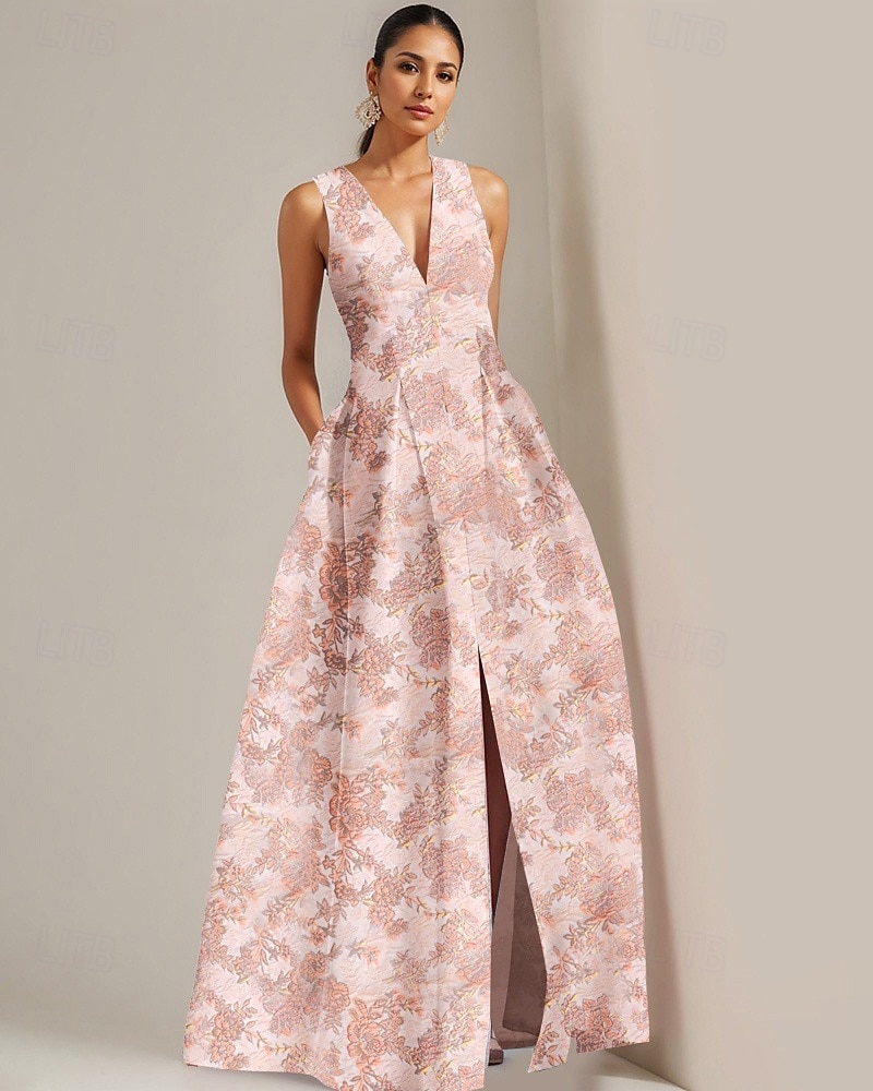Rochie de seară A-line elegantă brocard jacard rochie formală de nuntă lungime până la podea fără mâneci decolteu în V cu fante rochie pentru oaspeți de nuntă 2025 - $149.99 –P1
