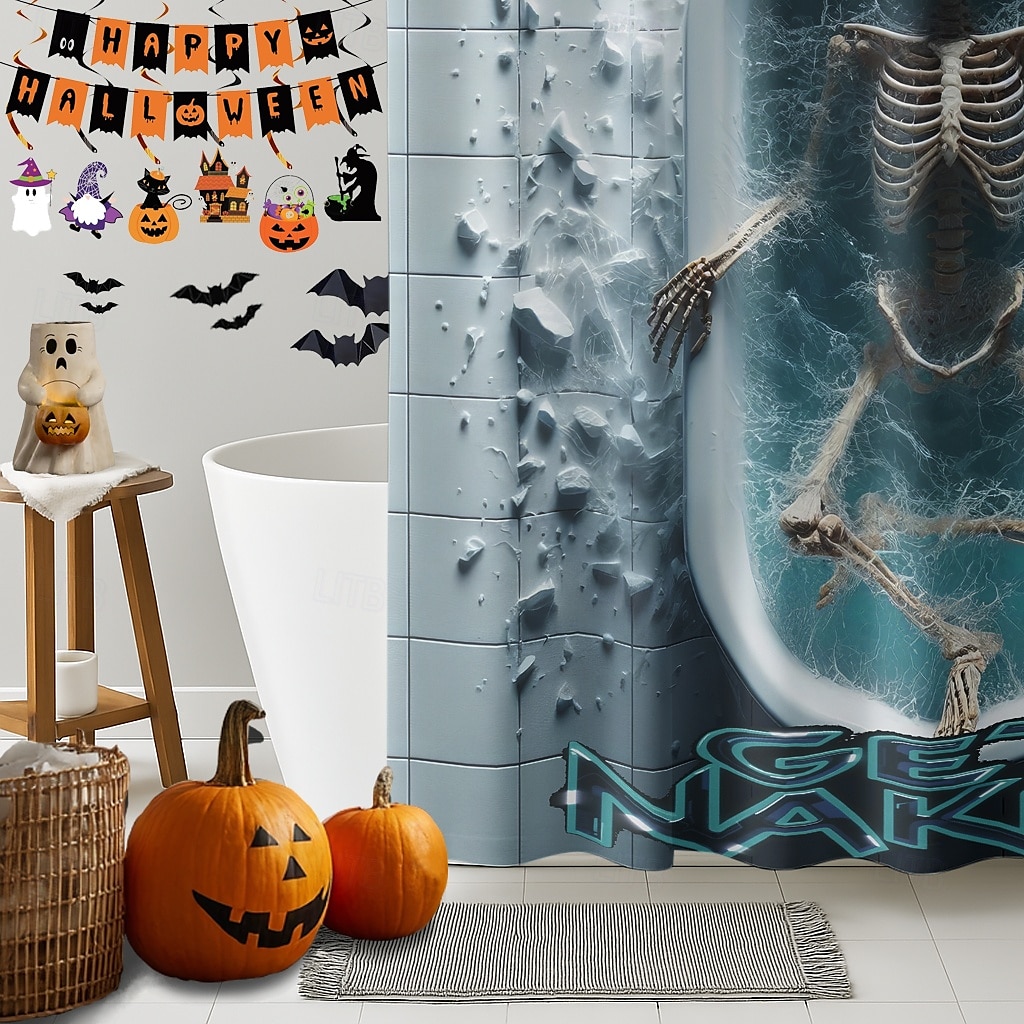 Halloweenský sprchový závěs s háčky, polyesterový, pratelný, voděodolný, vzorovaný, koupelnová vana, dekorace 2025 - $21.99 –P4