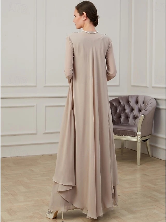 Rochie A-Line pentru Mama Miresei Rochie Formală Invitată la Nuntă Lungime până la Podea Mâneci Lungi Decolteu în V Chiffon cu Volane Aplicații 2025 - $139.99 –P2