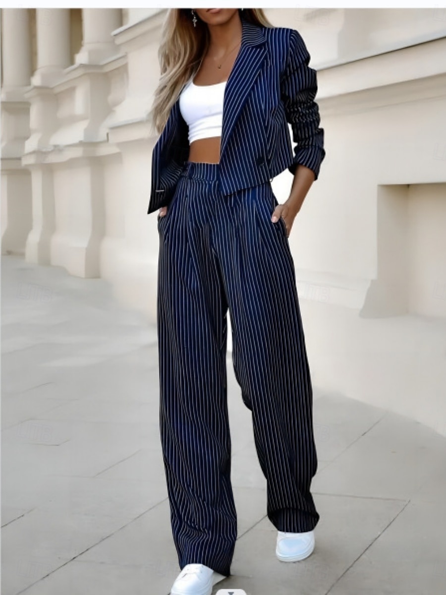 Femmes Mode Quotidien Ensembles deux pièces Ensembles de Pantalons manche longue Col de chemise Rayé Imprimé Bureau Noir Bleu Gris Été Coupe régulière de 2025 ? $32.99 –P4