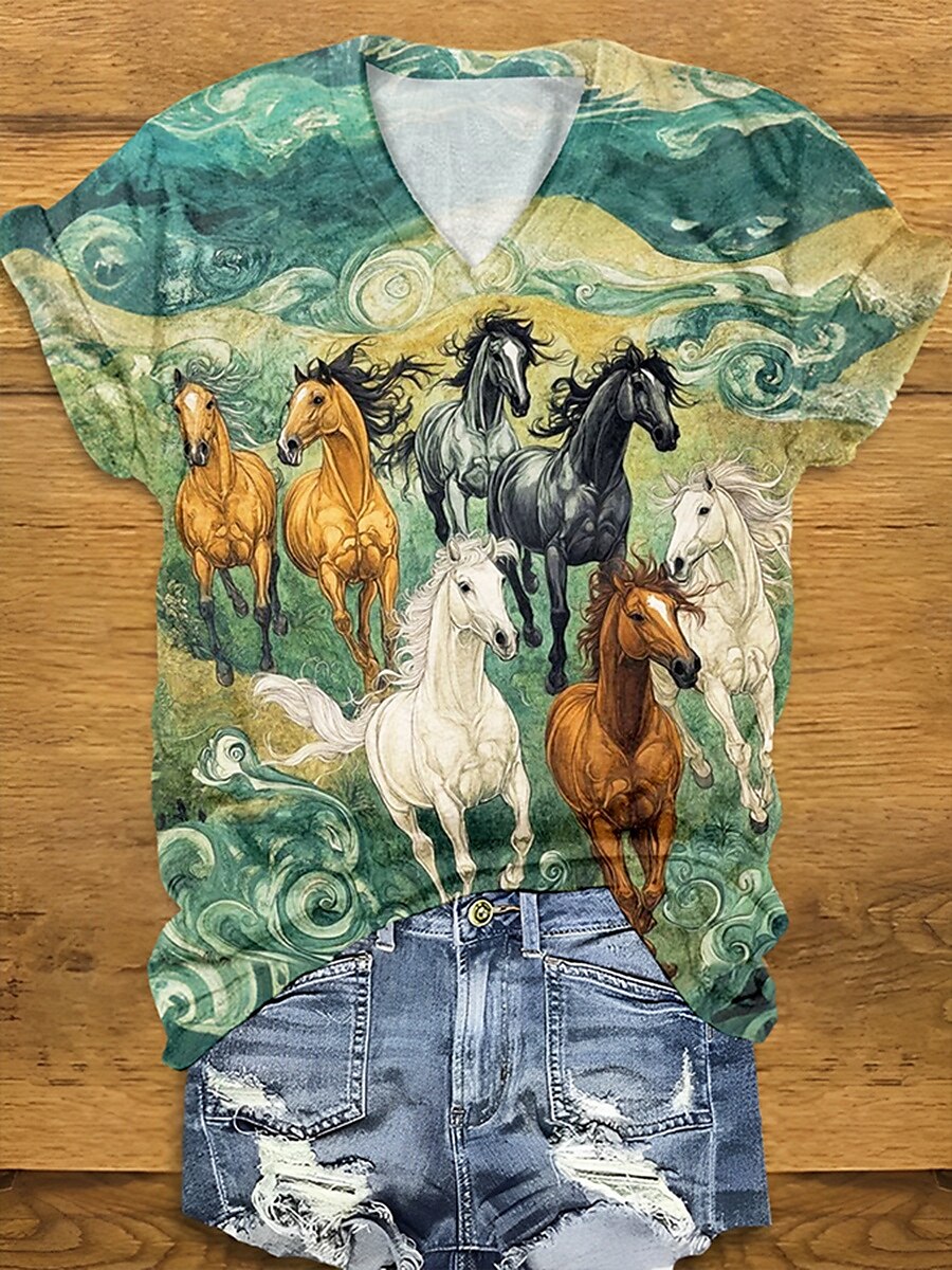 Femmes T-shirt Graphique Animal ancien Occasionnel Manche Courte Col en V Hauts Réguliers Quotidien Week-end Imprimé Jaune Vert Été Printemps de 2025 ? $19.99 –P1