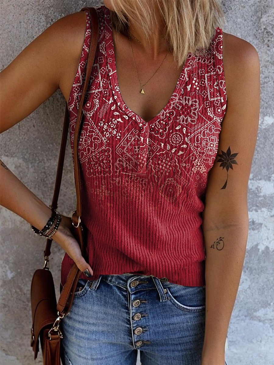 Dame Camisole Tank Top Grafisk Geometrisk Bohem Årgang Tropisk Ermeløs V-hals Vanlige topper Daglig Trykt mønster Lysegrønn Rød Blå Kakifarget Regnbue Sommer Vår 2025 - $17.99 –P1