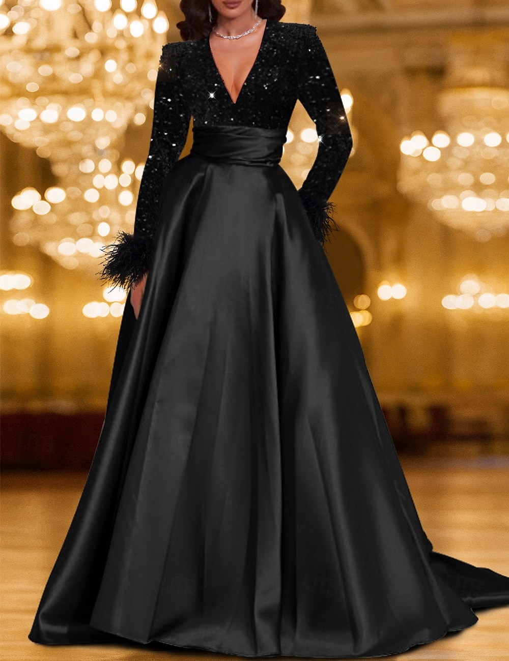 Schwarz Tie A-Linie Abendkleid Elegantes Kleid Karneval Festlich Bodenlang Langarm V-Ausschnitt Tasche Satin mit Feder Pailletten 2025 - $147.99 –P1