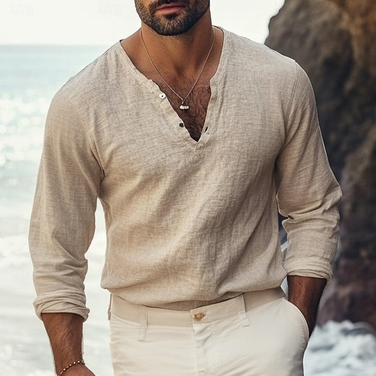 Herre Henly-skjorte T-skjorter Henley Topp Langermet Helfarge عادي Ensfarget Mote Designer Fritid Fargeblokk Knapper Ren Henley utendørs Avslappet Daglig Sommer Alle årstider Kakifarget Henley 2025 - $21.99 –P1