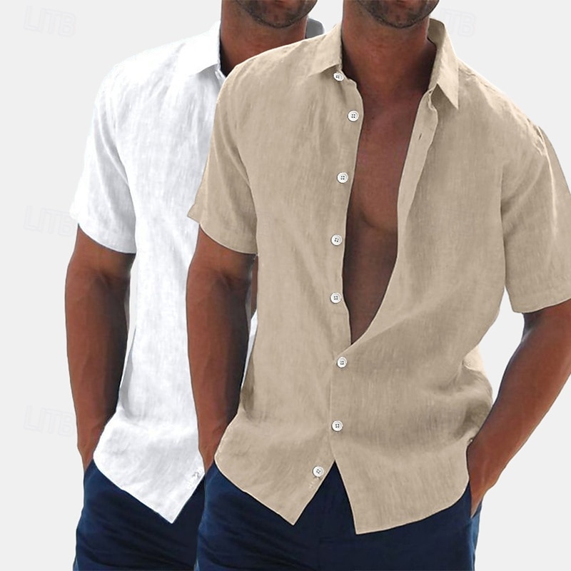 Herren Leinenhemd Sommerhemd Strandbekleidung Knopfhemd Hemden zum Herausstecken Einfarbig Urlaub Kreuzfahrt Grün + grau Weiß + Khaki Khaki + Schwarz Grün+Khaki Kurzarm Umlegekragen Sommer Bekleidung 2025 - $27.99 –P7