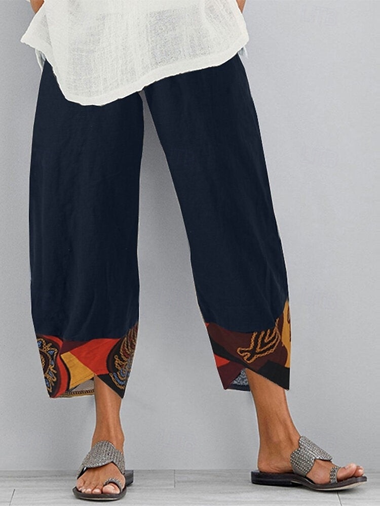 Women's Slacks Pants Trousers Vacation Vintage Ethnic Style Full Length High Waist Floral Graphic Geometic Elastic Waistband Comfy Breathability Soft Inelastic Outdoor Street Daily Black Navy Blue 2025 - $20.99 –P1