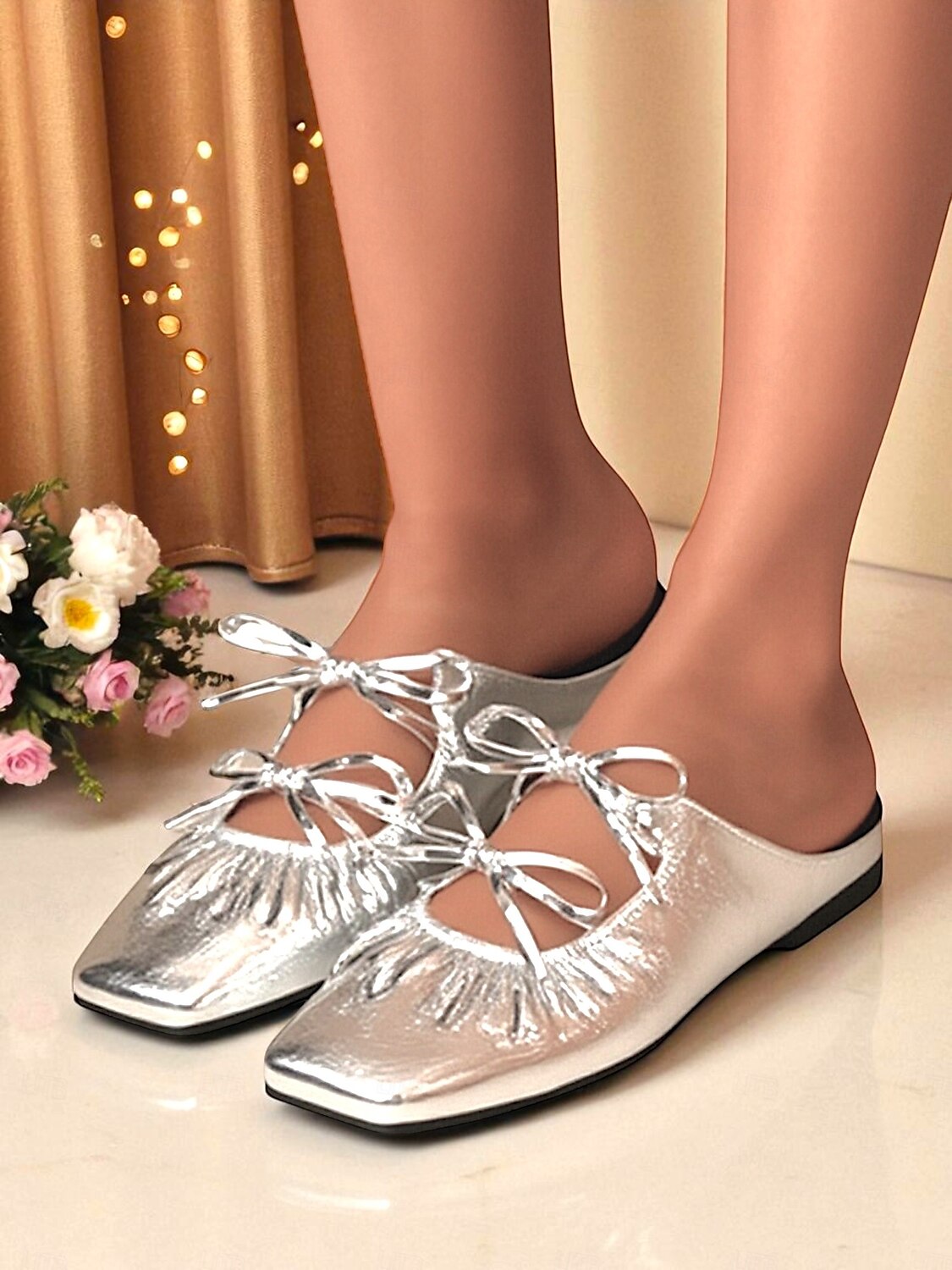 Mules slip-on da donna con fiocco in argento metallizzato - scarpe basse in similpelle stropicciata, punta quadrata, per outfit da sera e per feste notturne del 2025 a $42.99 –P1