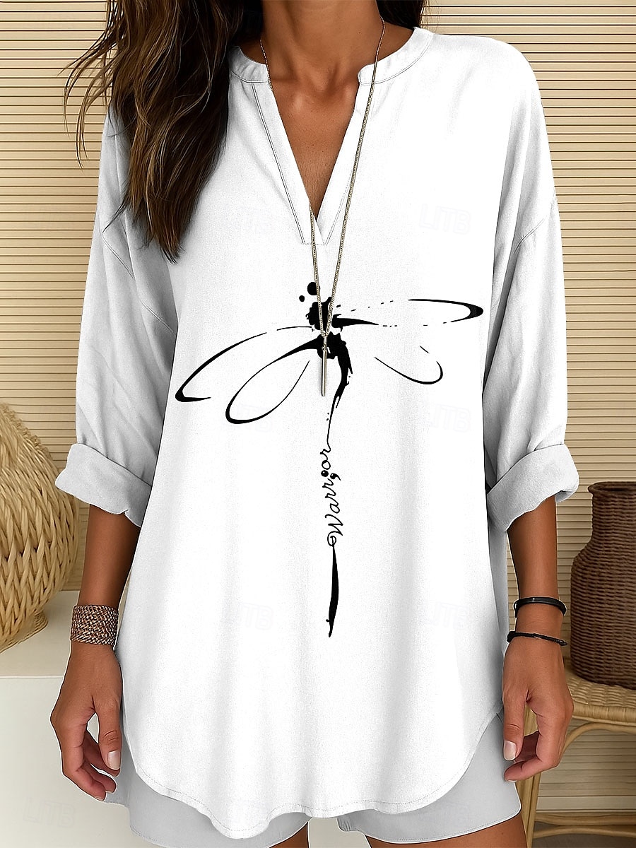 Femmes Chemisier Graphique Animal Libellule ancien Tropical Hawaïen manche longue Col en V Hauts Réguliers Quotidien Fête Tenue de plage Imprimé Blanche Bleu Violet Vert Été Printemps de 2025 ? $24.99 –P1