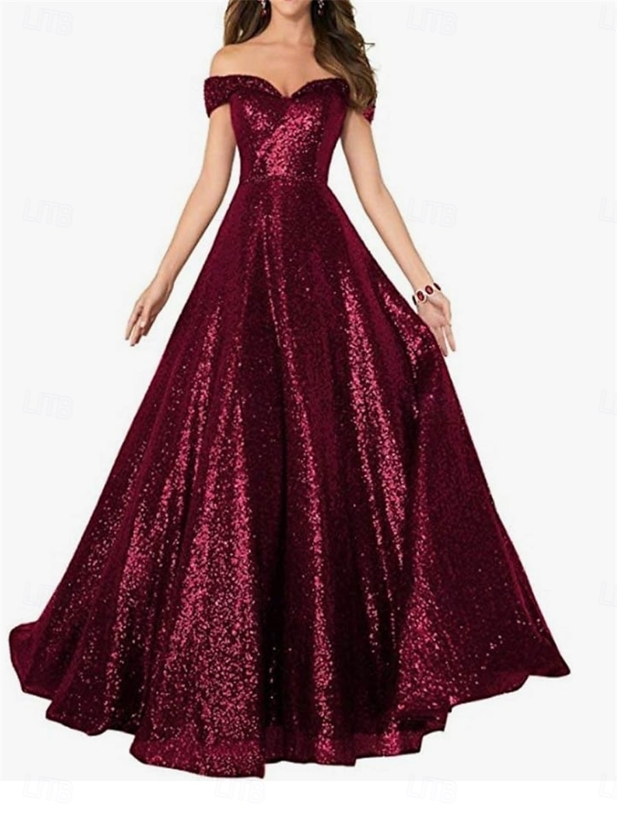 A-Line Evening Gown Elegant Dress Formal Performance Floor Length Short Sleeve Off Shoulder Sequined Backless with Pleats 2025 - $129.99 –P24
