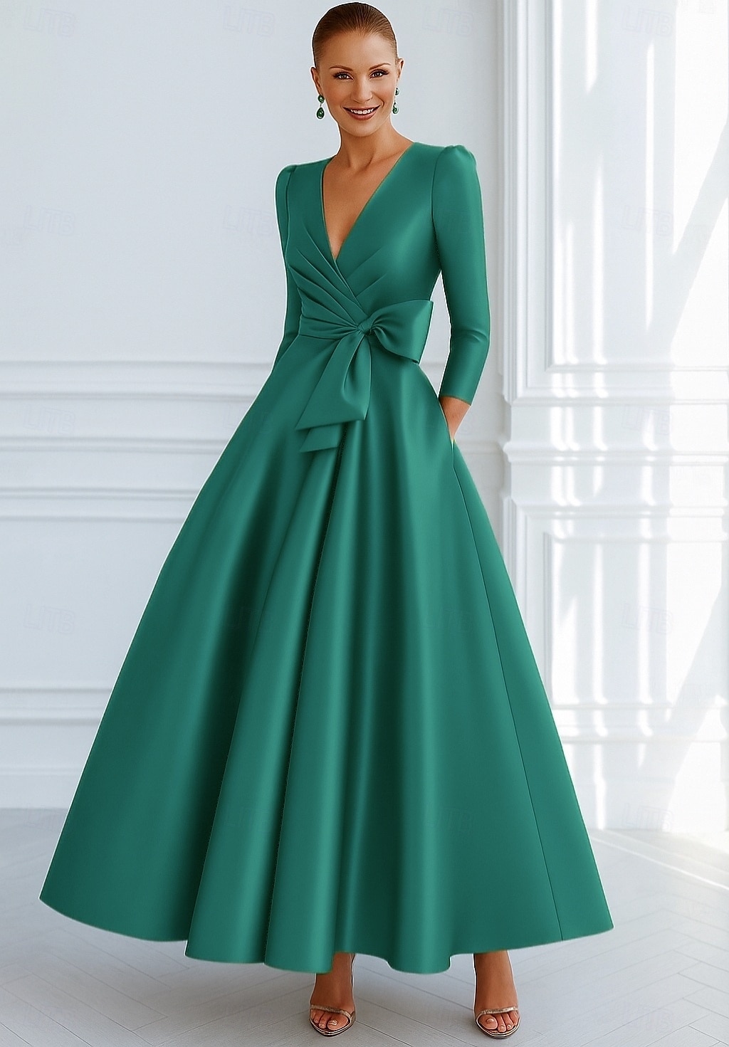 Bind A-Linien Abendkleid Elegantes Kleid Formelle Hochzeitsgast Boden Länge 3/4 Länge Ärmel V-Ausschnitt Tasche Stretch Satin mit Schleife(n) 2025 - $147.99 –P1