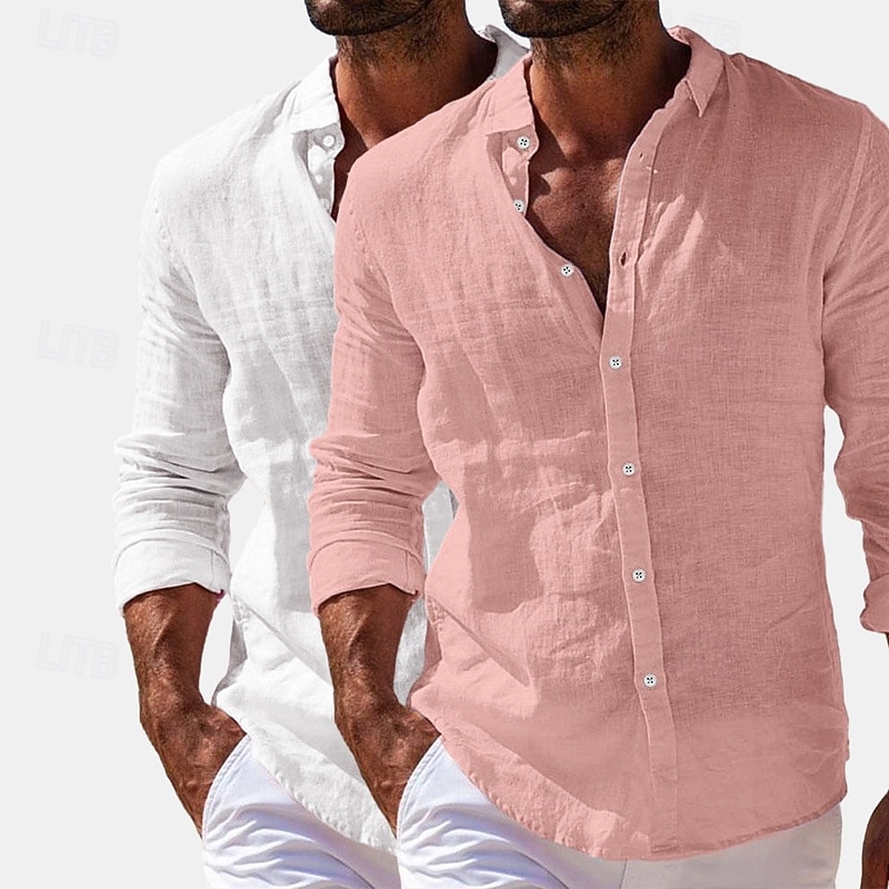 Herren Hemd Leinenhemd Sommerhemd Strandbekleidung Knopfhemd Einfach Urlaub Lässig Weiss + Rosa Marineblau + Grau Grün+Khaki Blau+Marineblau Langarm Umlegekragen Sommer Frühling Bekleidung Rein 2025 - $27.99 –P5