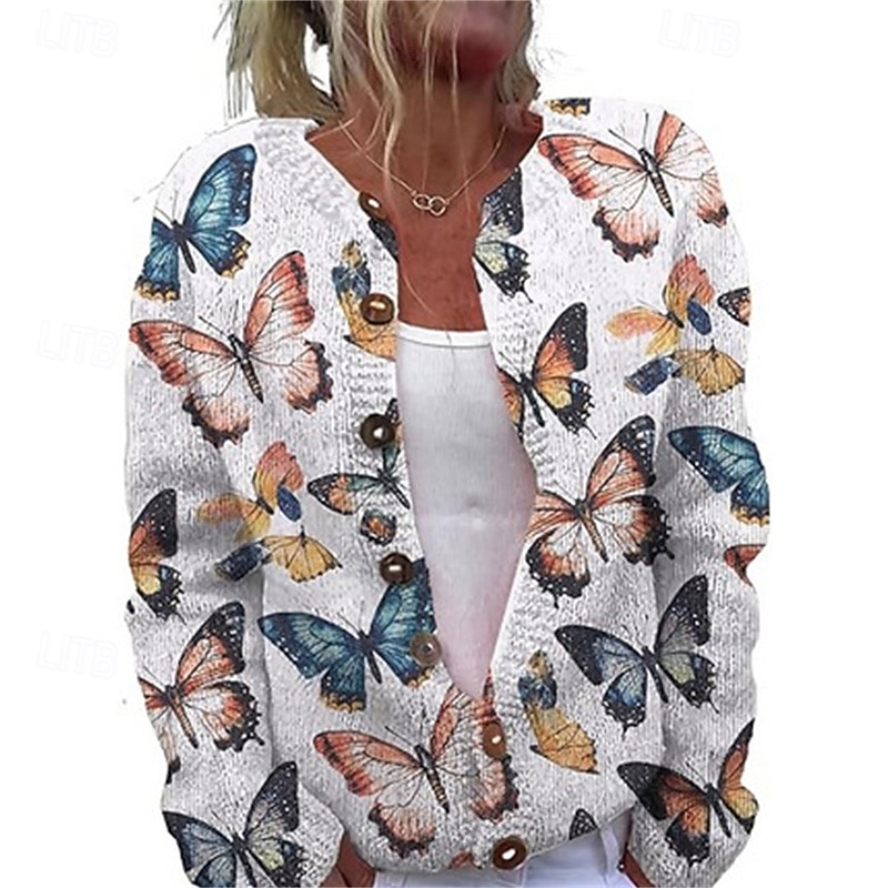 Damen Pullover Strickjacke Mode Streetwear Täglich Schmetterling Gerippt Öffnung vorne Gestrickt Druck Langarm Lange Oberteile Stricken Ferien Ausgehen Wochenende Weiß Blau Herbst Winter 2025 - $26.99 –P3