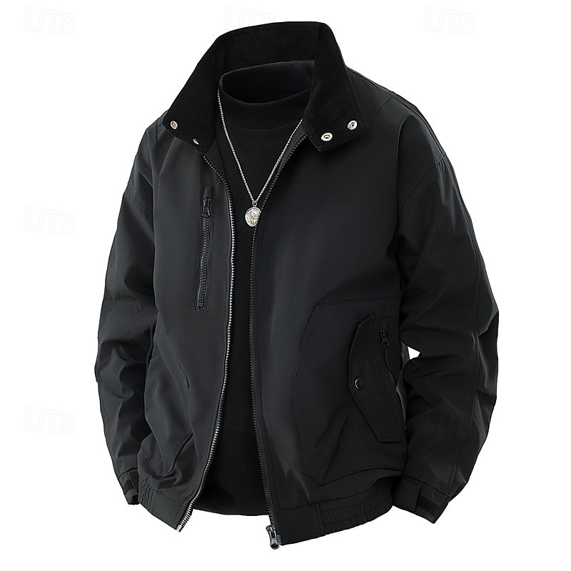 Men's Lightweight Jacket Cargo Jacket Casual Jacket Vacation Daily Windproof Windbreaker Pocket Fall Winter Plain Fashion Classic Stand Collar Regular Black White Purple Green Jacket 2025 - $51.99 –P9
