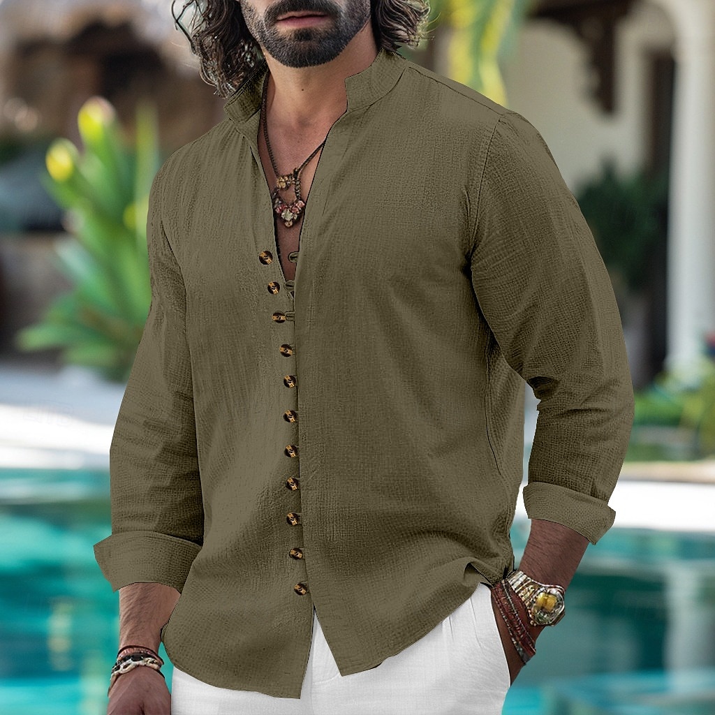 Per uomo Camicia Camicia di lino Camicia Estiva Camicia casual Camicia con Bottoni Semplice Vacanza Crociera Nero Bianco Rosa Azzurro cielo Manica Lunga Colletto alla coreana Primavera & Autunno del 2025 a $23.99 –P7