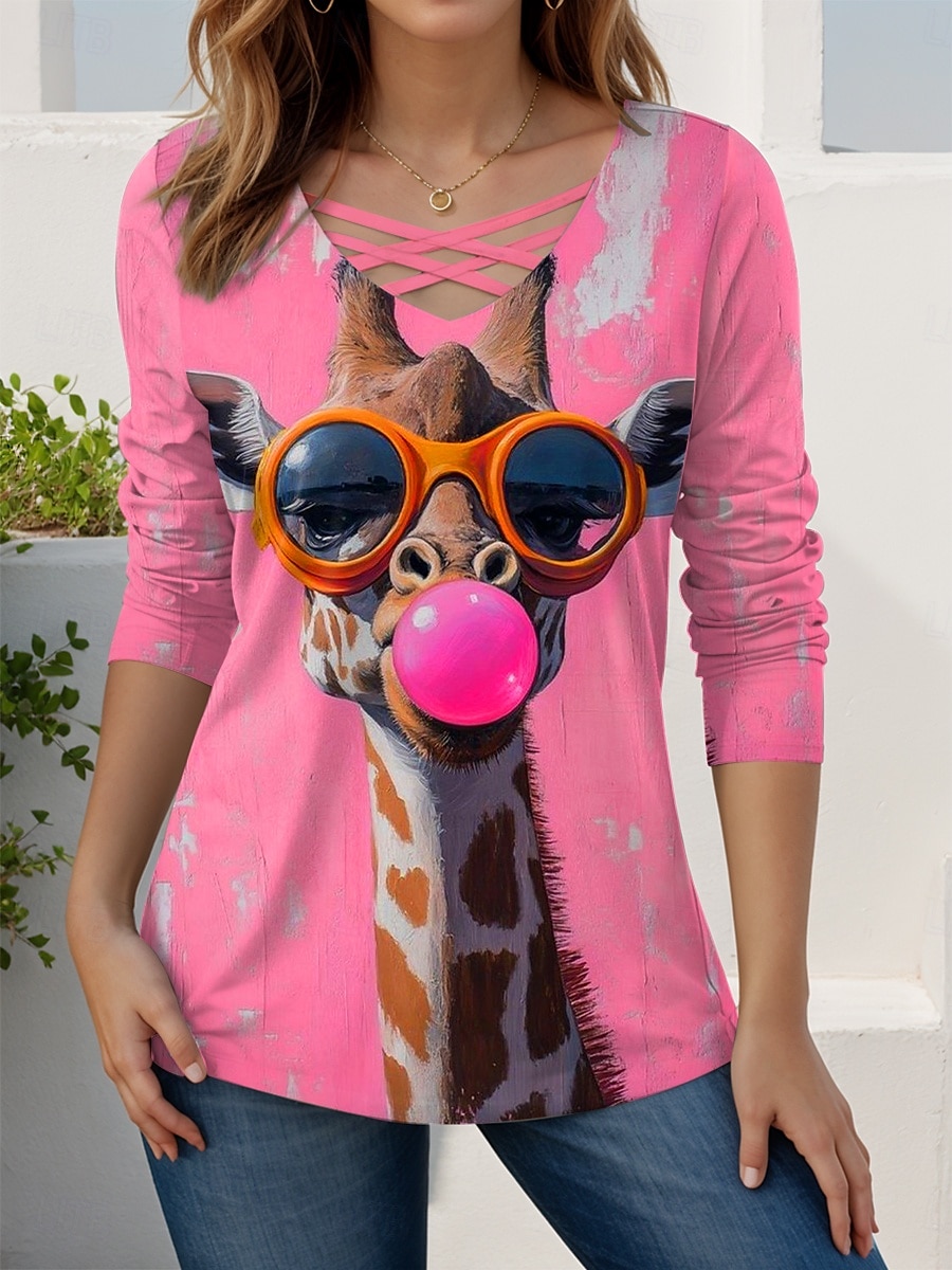 Femmes T-shirt Graphique Animal Girafe ancien Élégant Classique manche longue Col en V Hauts Réguliers Quotidien Découpé Imprimé Rose Claire Bleu Vert Rose Printemps Automne de 2025 ? $22.99 –P5