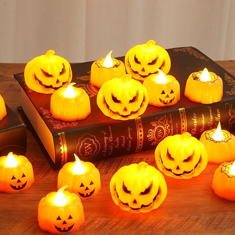 12 candele elettroniche a forma di zucca di Halloween con faccia di ragno, per interni ed esterni, per decorazioni di feste, atmosfere luminose del 2025 a $15.99 –P5