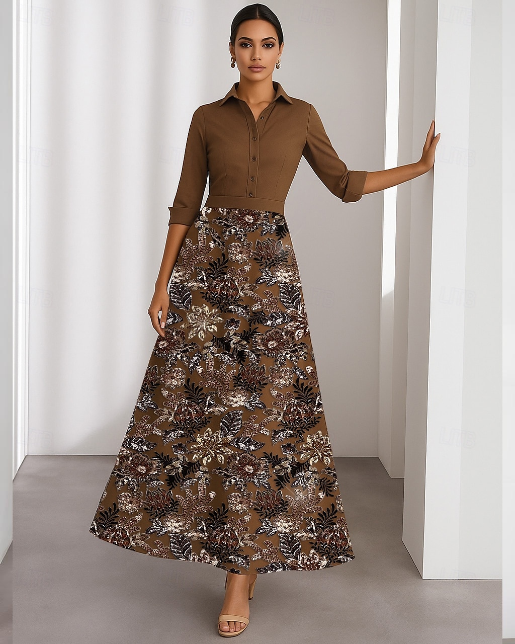 Vestidos de coquetel em linha A, vestido elegante, formal, casamento, comprimento chá, manga 3/4, gola estilo camisa, cetim com miçangas florais, renda 2025 de 2025 por $159.99 –P4