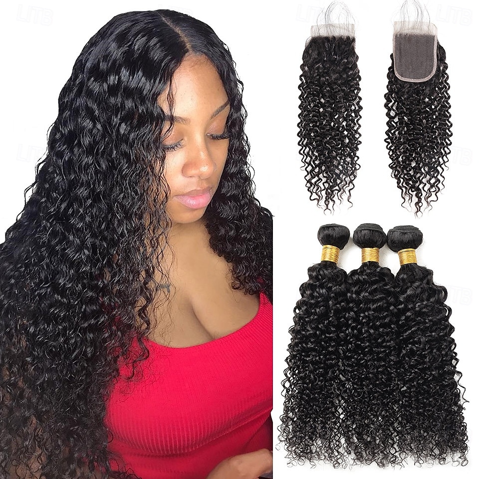 Extensions de cheveux humains bouclés ondulés, lot de 3, avec fermeture en dentelle 4x4, 25,4 à 71,1 cm, pour femmes noires de 2025 ? $236.19 –P1