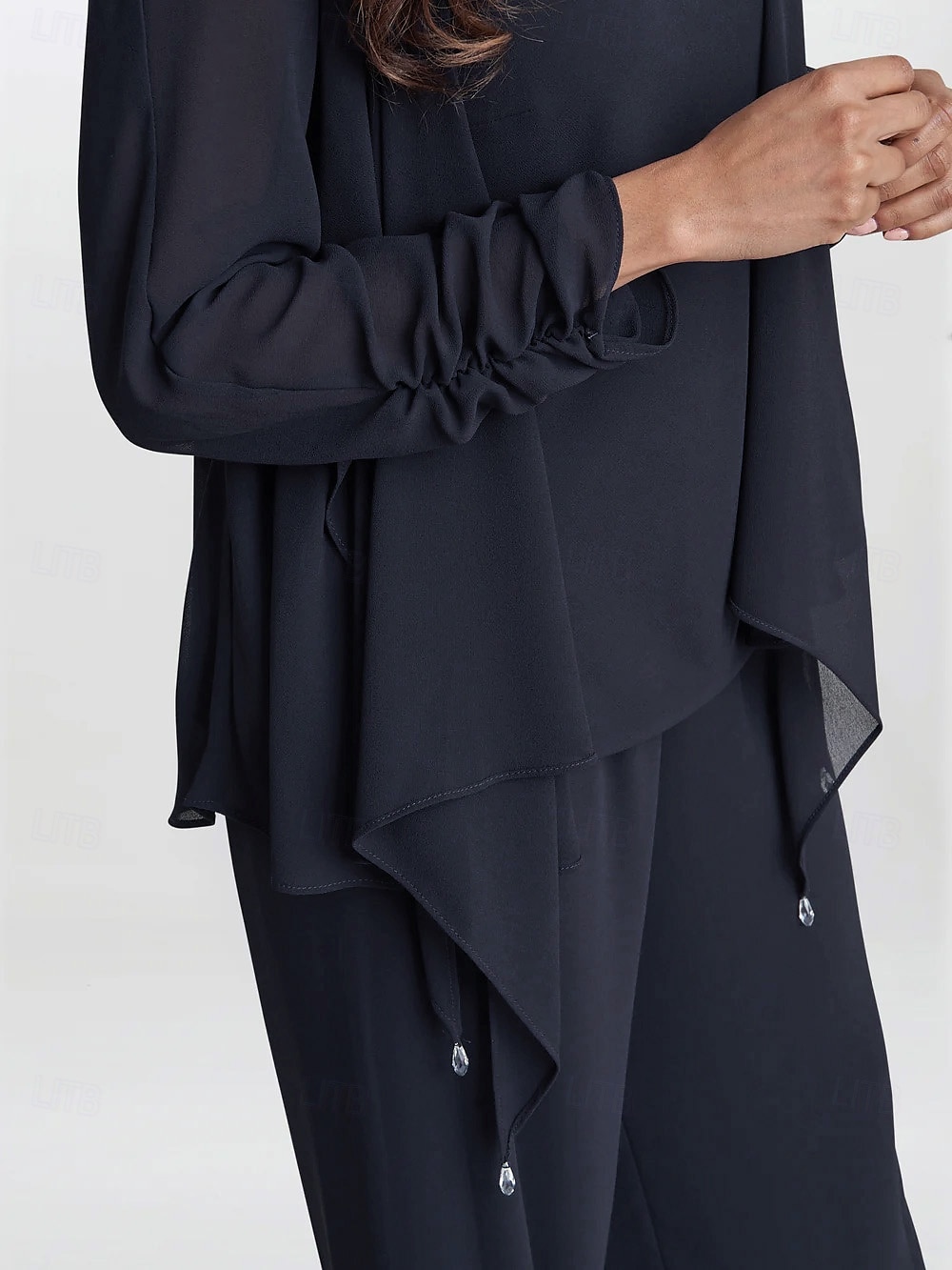 3 Piece Mother of the Bride Pantsuits Elegant Simple Luxurious Square Neck Floor Length Chiffon 3/4 Length Gathered Sleeve with Crystals Cascading Ruffles 2025 2025 - $135.99 –P2