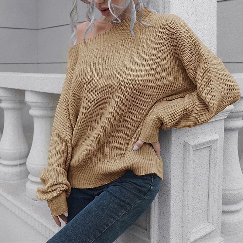 Damen Pullover Lässig Einfarbig Grobstrick Schulterfrei Gestrickt Langarm Normale Oberteile Stricken Täglich Ferien Ausgehen Schwarz Blau Herbst Winter 2025 - SGD S$35.94 –P6