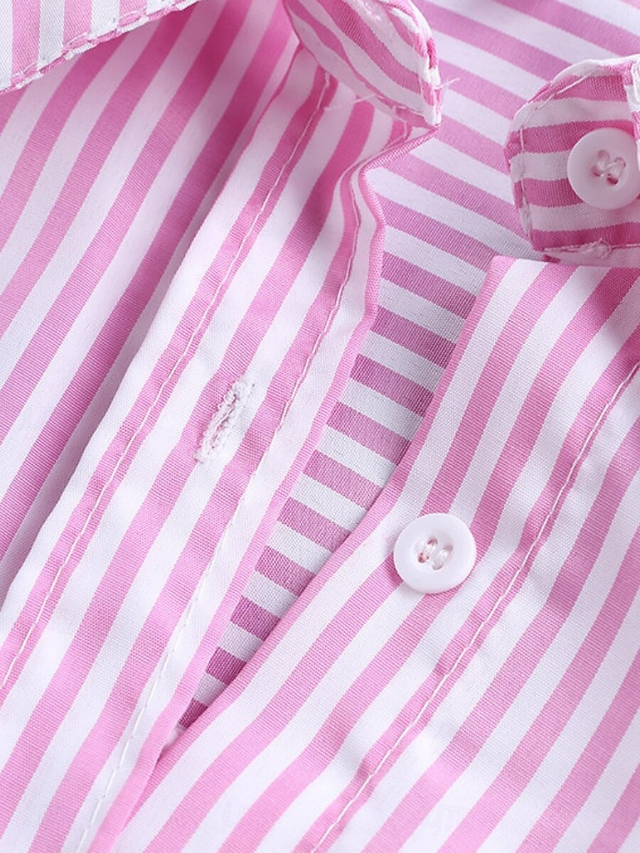 Dame Uformell jakke Shacket Bekvem Pustende Lomme Knapper Trykt mønster Fritid Stripe Feriereise Gate Dagligdagstøy Ut på byen Enkeltkneppet Lang Høy krage Normal Langermet Yttertøy Svart Rosa Blå 2025 - $23.99 –P6