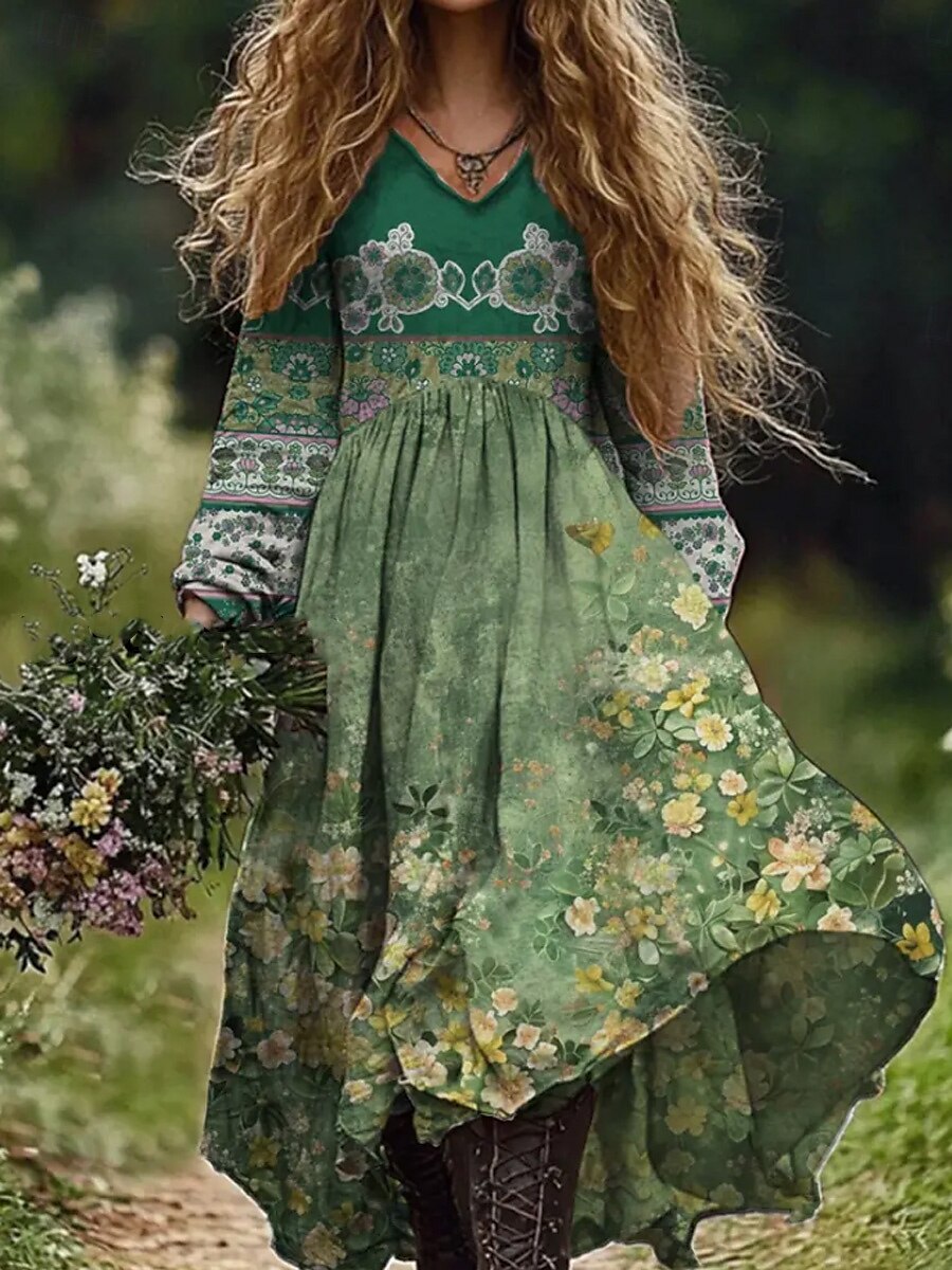 Femmes Robe maxi Robe d'Été Robe Plissée Vacances Occasionnel Boho Sortir Plage Fleuri Graphique Paisley manche longue Col en V Vert foncé Vin Gris foncé Bleu Été Printemps de 2025 ? $35.99 –P3