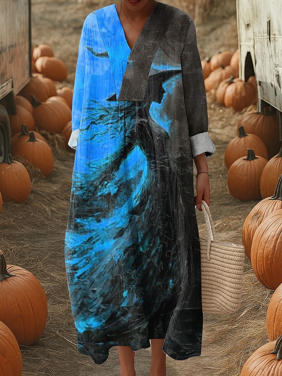 Halloween Kvinnors Midi Klänning V-Utringad Lång Ärm Kaftan Lätt Lös Passform A-Linje Klänning Avslappnad Boho Gå Ut Grafisk Lång Ärm V-Utringad Blå Orange Grön Höst 2025 - $33.99 –P2