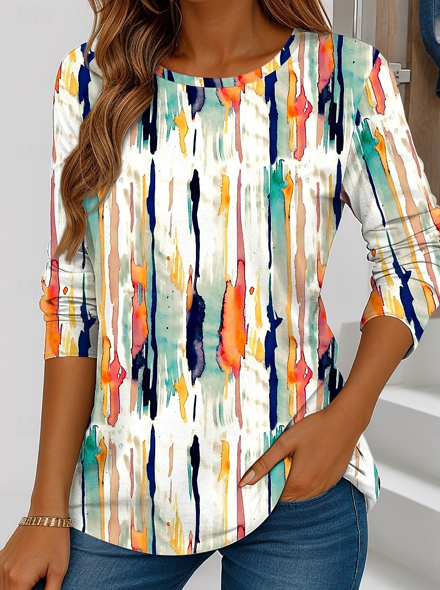 Pentru femei Tricou Grafic Geometric Dungi Epocă Modă Stilat Manșon Lung Stil Nautic Topuri obișnuite Zilnic Imprimeu Alb Albastru piscină Mov Portocaliu Maro Vară Primăvară Toamnă 2025 - $22.99 –P1