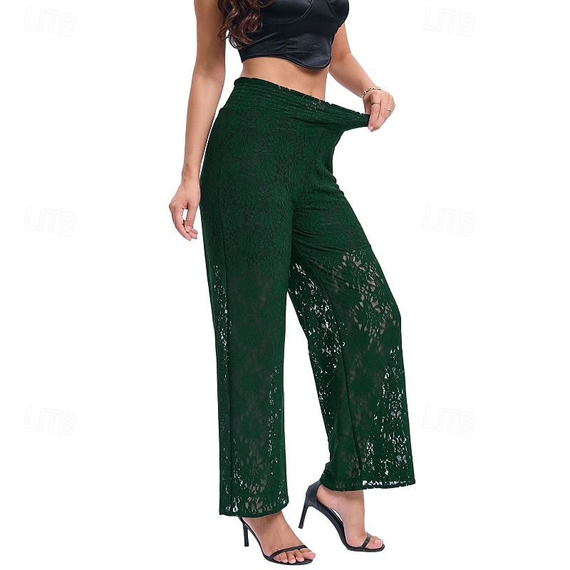 Femmes Jambe large Slacks Streetwear Occasionnel Longueur complète Naturel Uni Dentelle Patchwork Taille Élastique Confortable Fête Sortir Vert translucide Noir Blanche Bleu de minuit Automne Coupe de 2025 ? $16.99 –P17