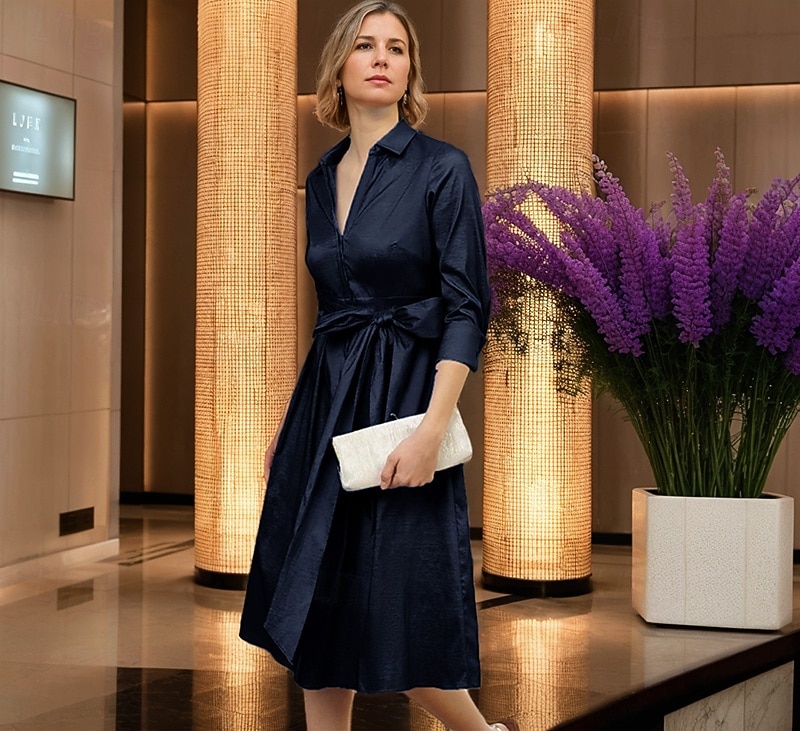 Vestido-camisa para mãe da noiva em corte A, tafetá elástico, elegante, simples e minimalista, gola estilo chá, comprimento até o joelho, tecido elástico, manga 3/4 com laço 2025 de 2025 por $127.99 –P4